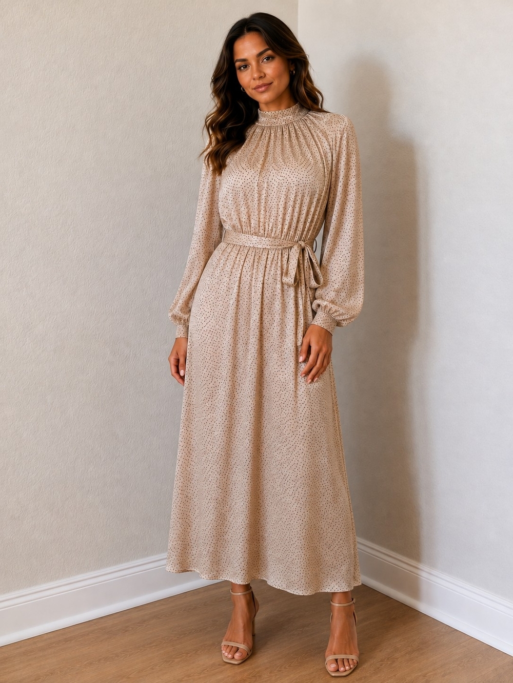 LOFT Beige High-Neck Long Sleeve Maxi Dress